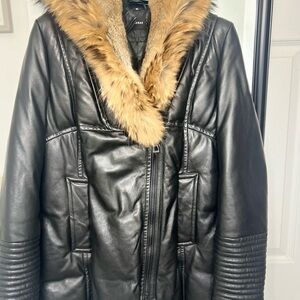 RUDSAK Black Leather Jacket with Brown Fur Trim